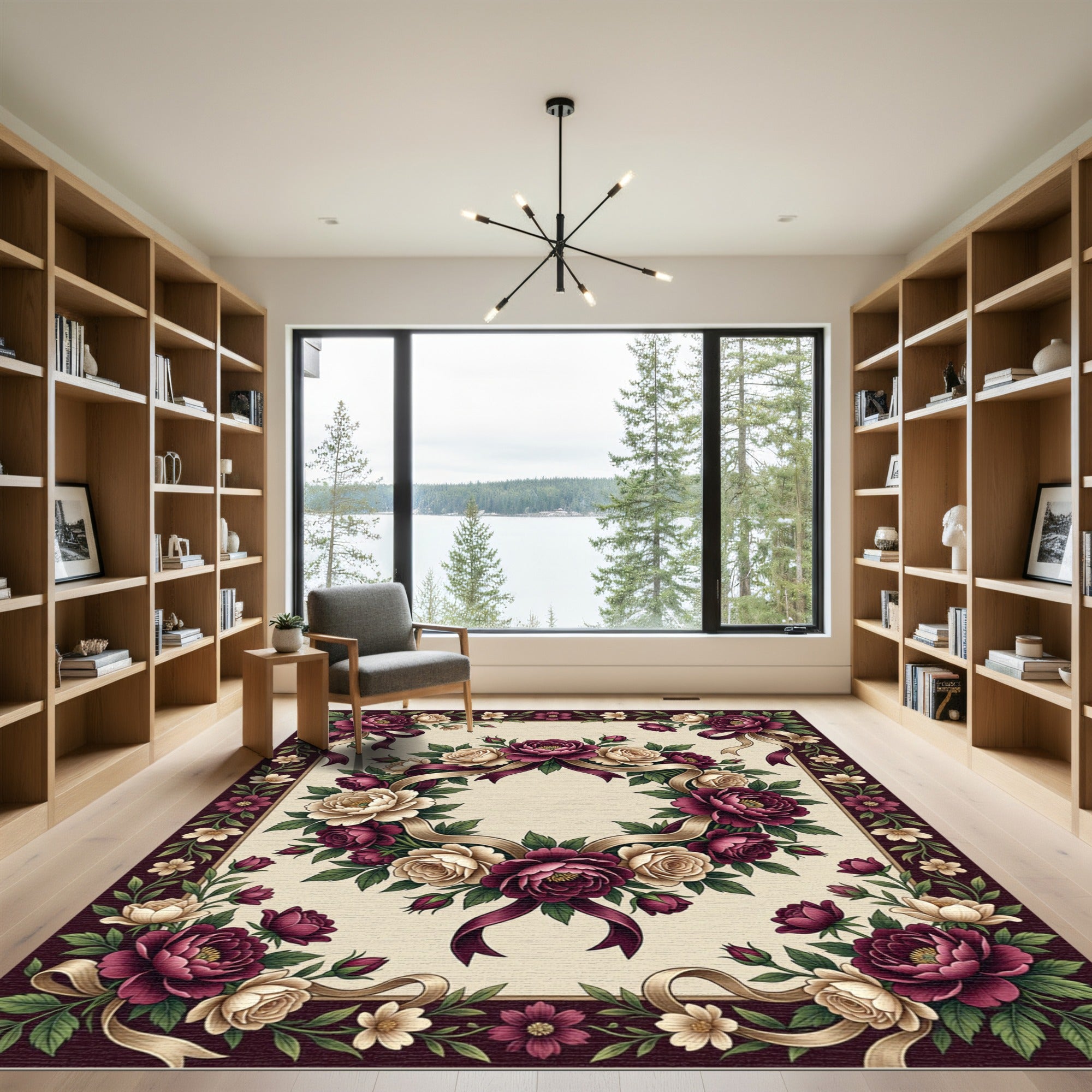 Deep Burgundy Cream Floral Wreath Ribbons Rug