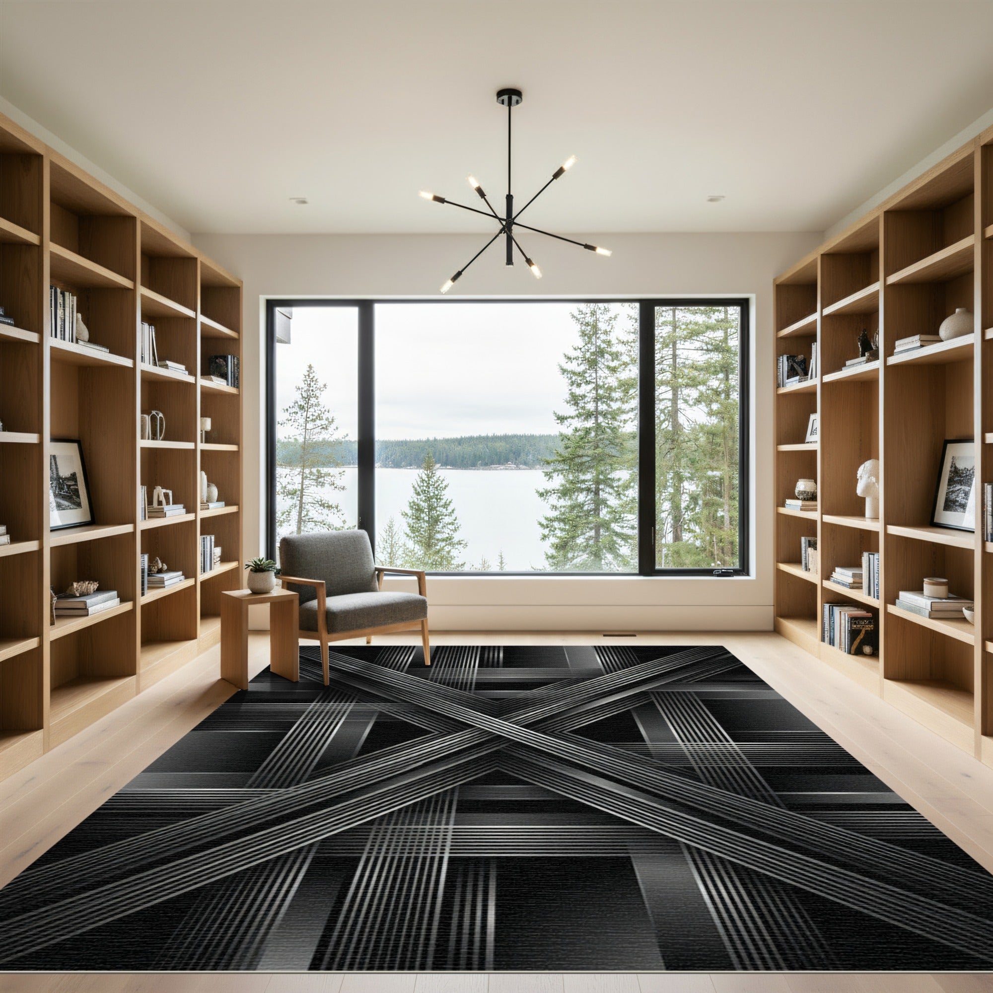 Monochrome Geometric Intersecting Linear Chrome Rug