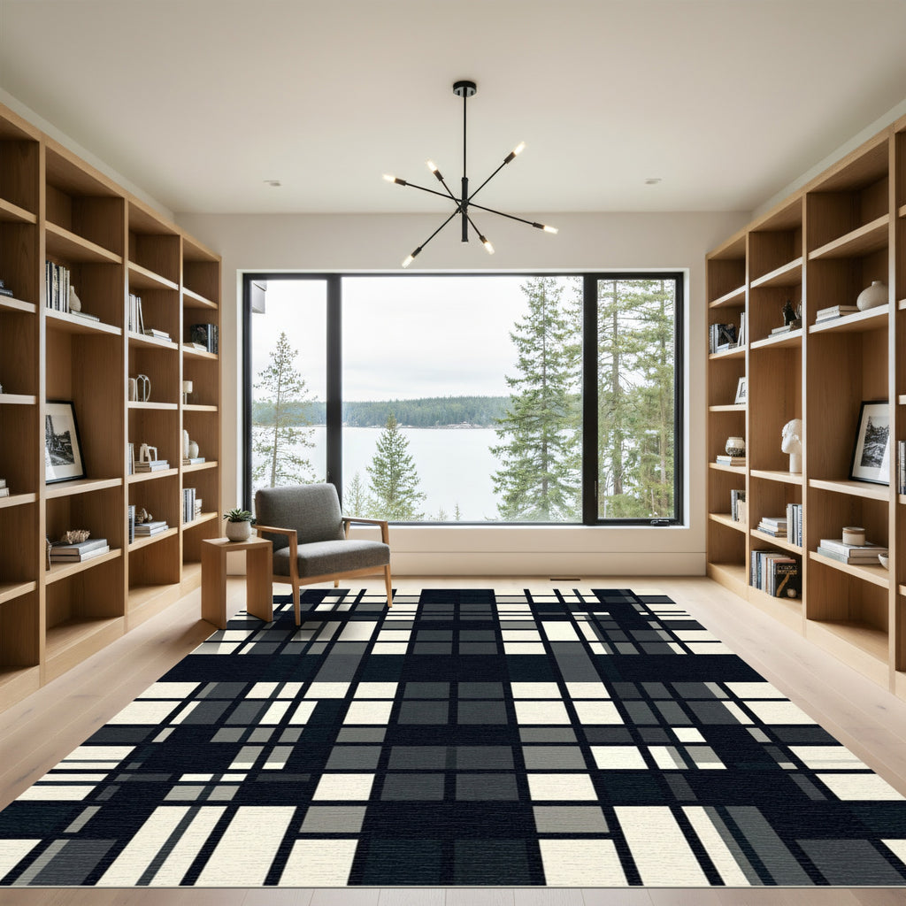 Modern Black and White Grid Check Rug