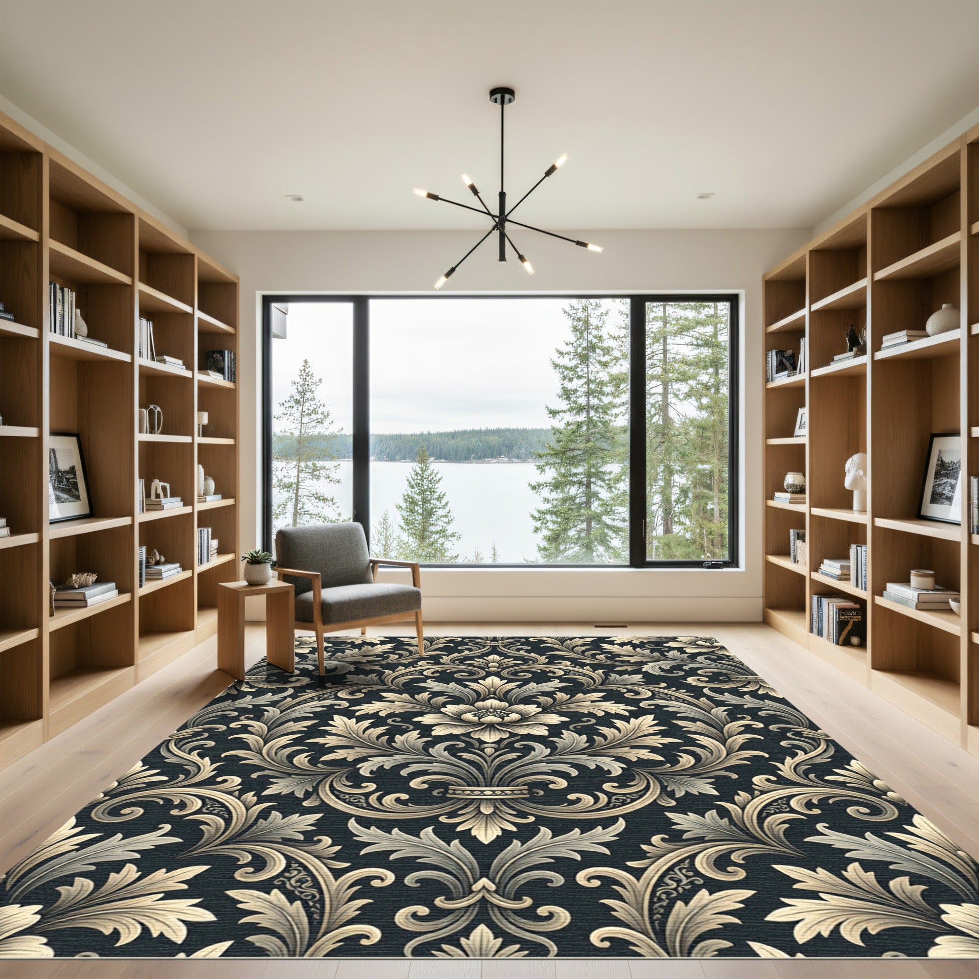 Elegant Charcoal Cream Damask Luxury Scroll Rug