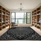 Ornate Silver Mandala Black Background Rug