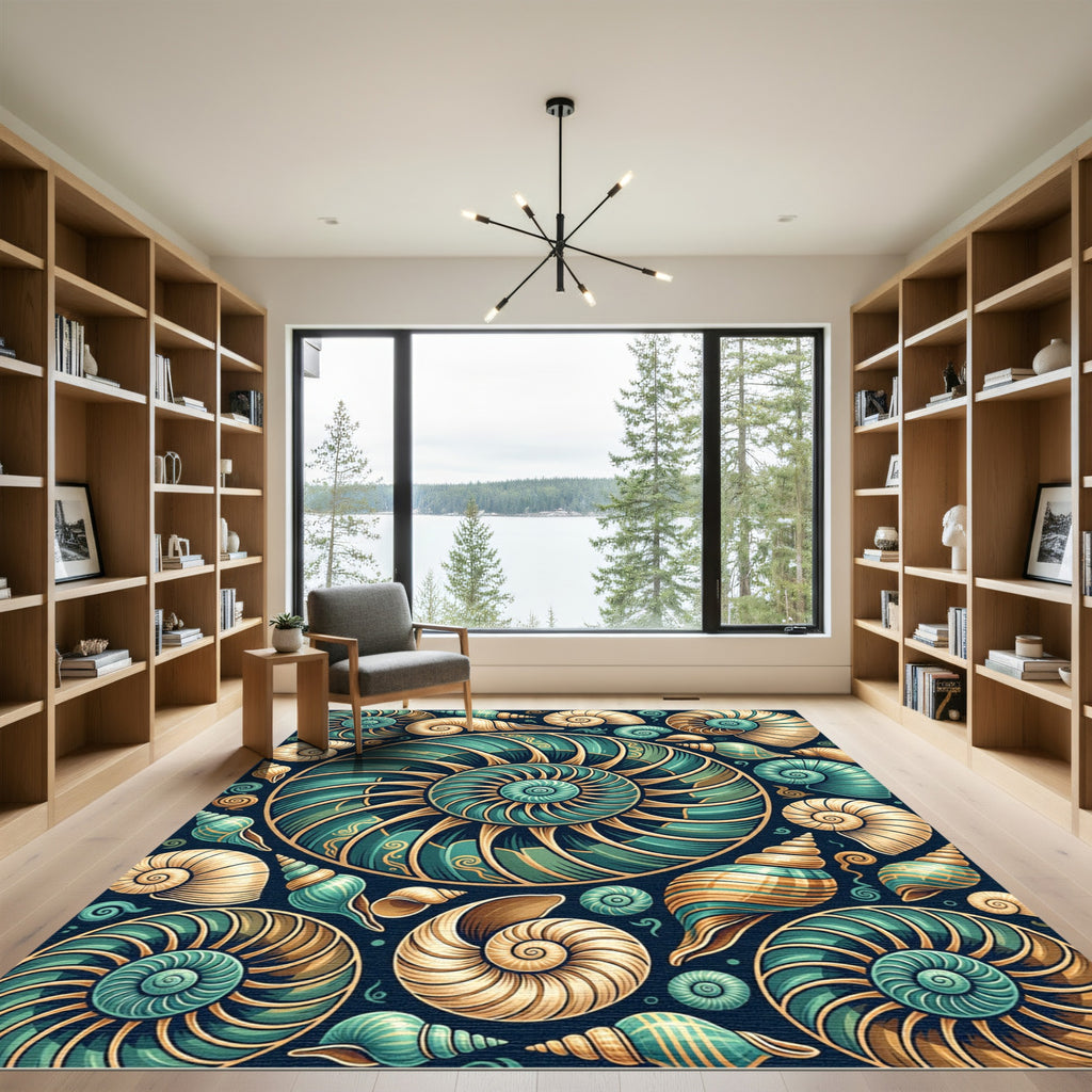 Teal Gold Nautilus Shell Collage Rug