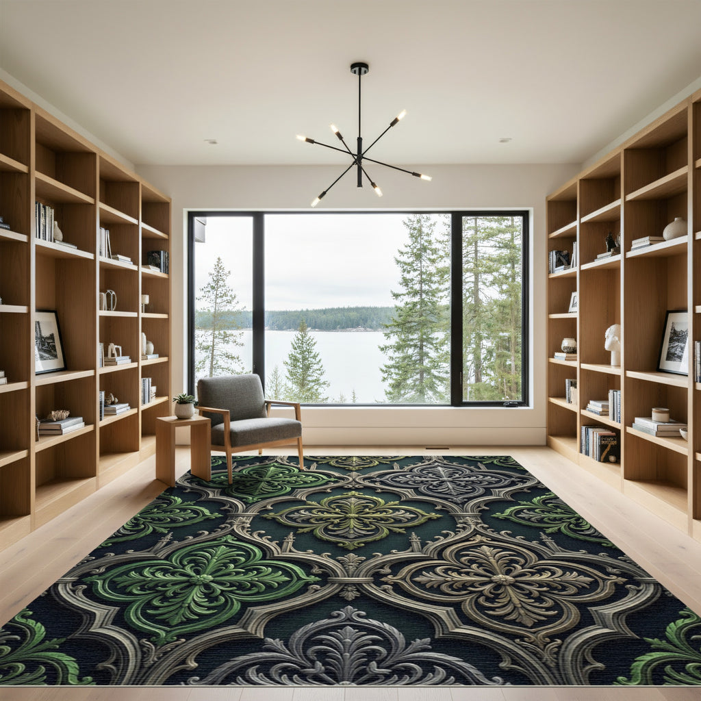 Ornate Emerald Damask Gothic Tile Rug