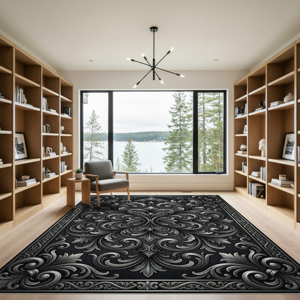 Ornate Silver Floral Scrollwork Rug