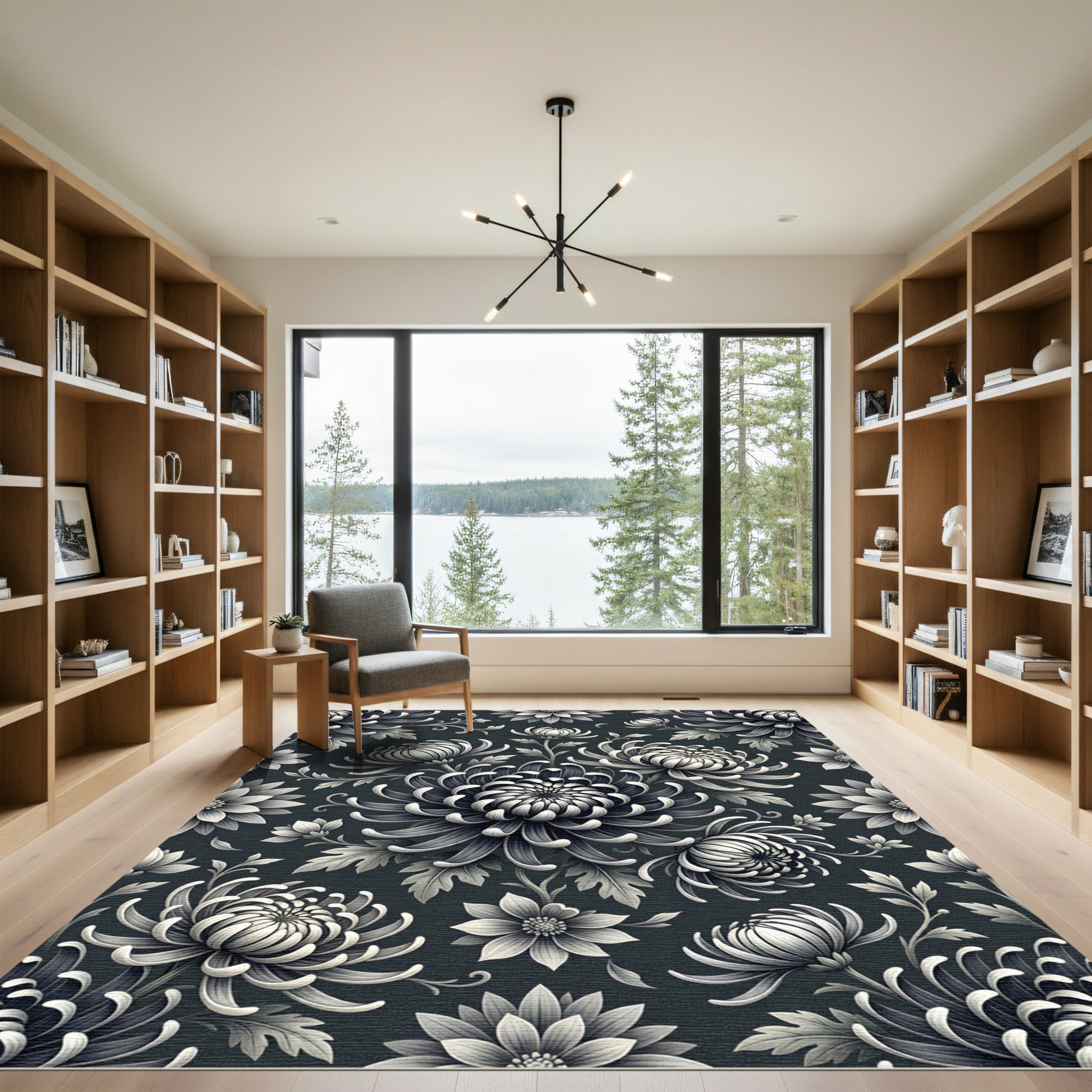 Monochromatic Dark Gray Chrysanthemum Floral Botanical Rug