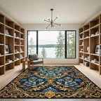 Ornate Navy Gold Floral Damask Rug