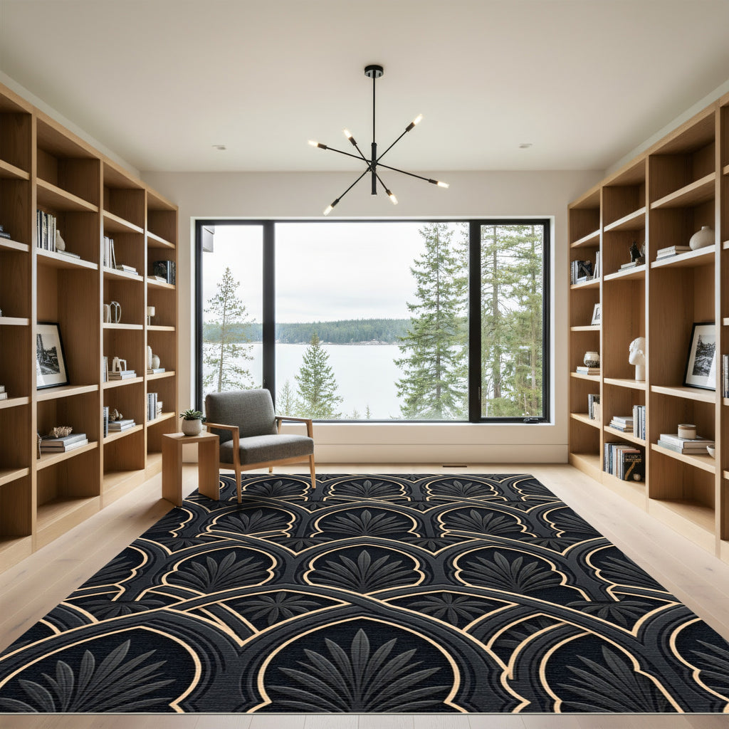 Dark Gray Arch Leaf Geometric Rug