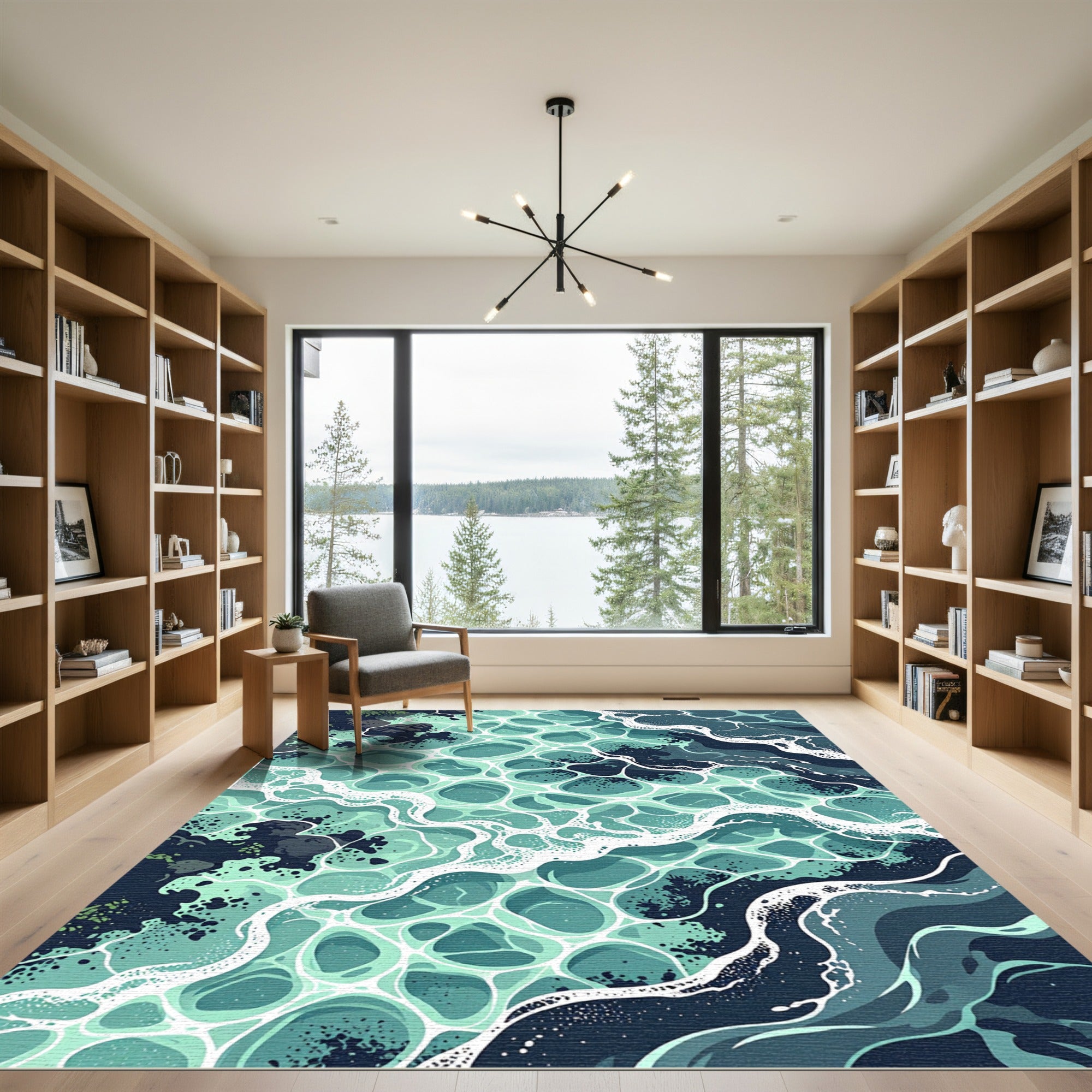 Teal Abstract Ocean Wave Ripples Rug