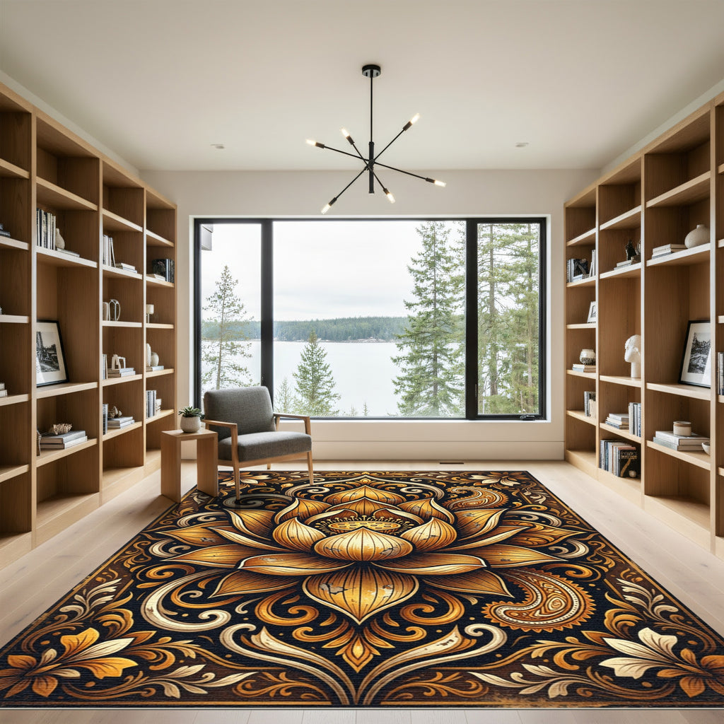 Ornate Golden Lotus Paisley Medallion Rug