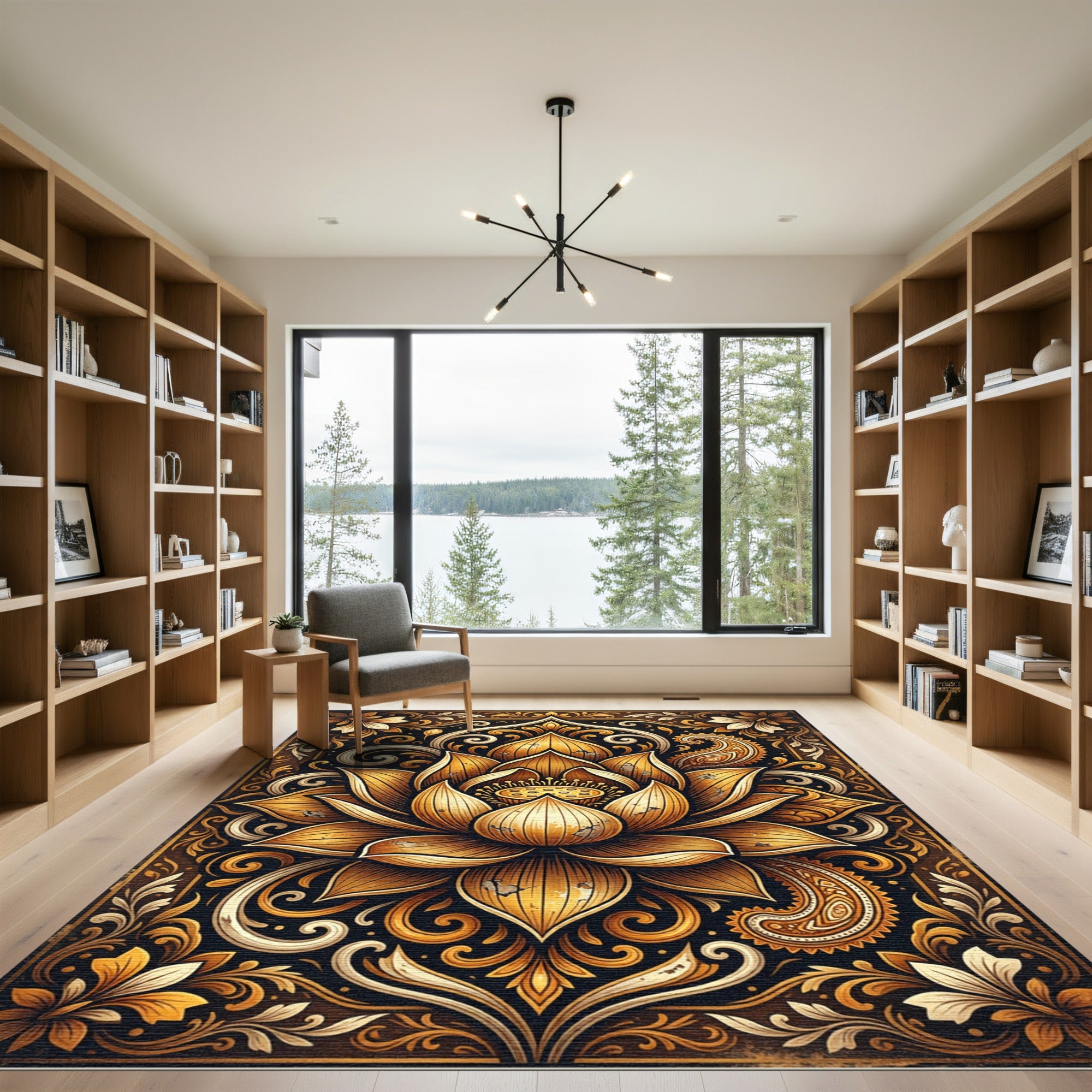 Ornate Golden Lotus Paisley Medallion Rug