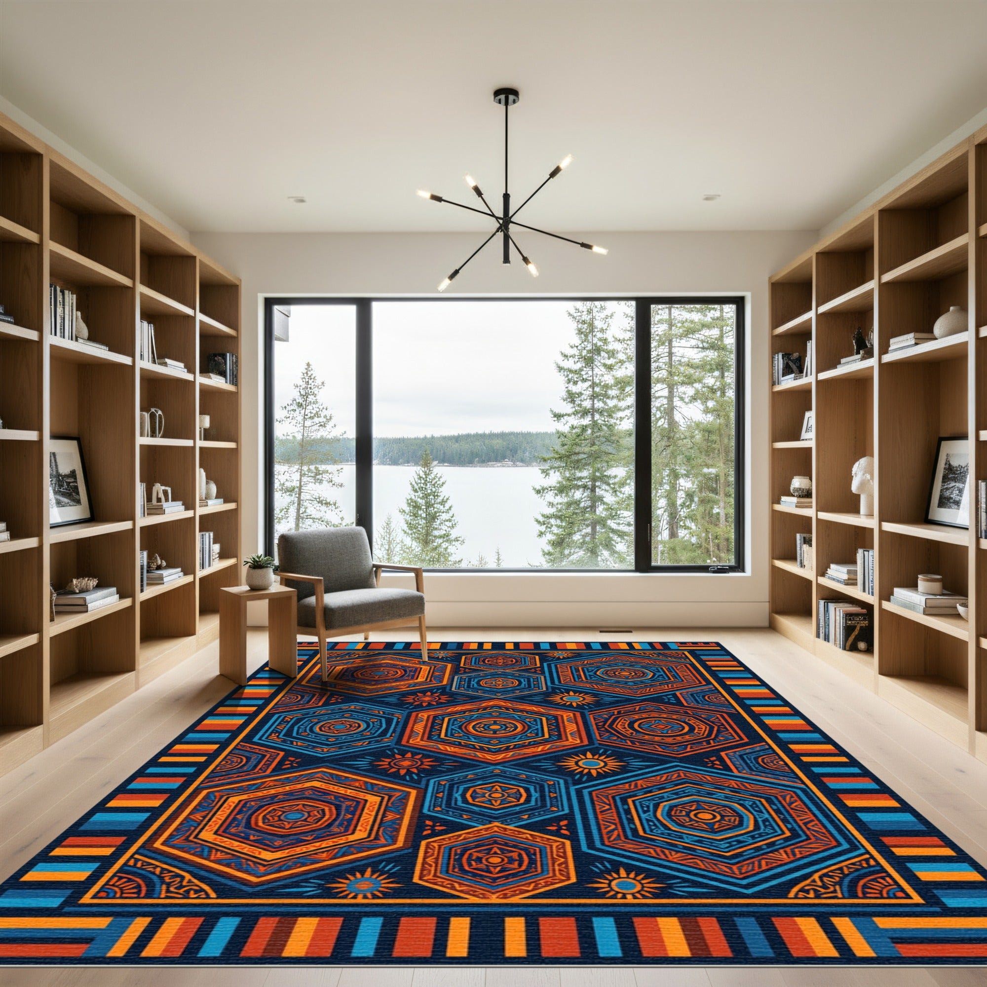 Vibrant Orange and Blue Hexagon Geometric Rug