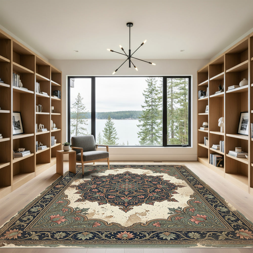 Vintage Indigo Floral Medallion Frame Rug