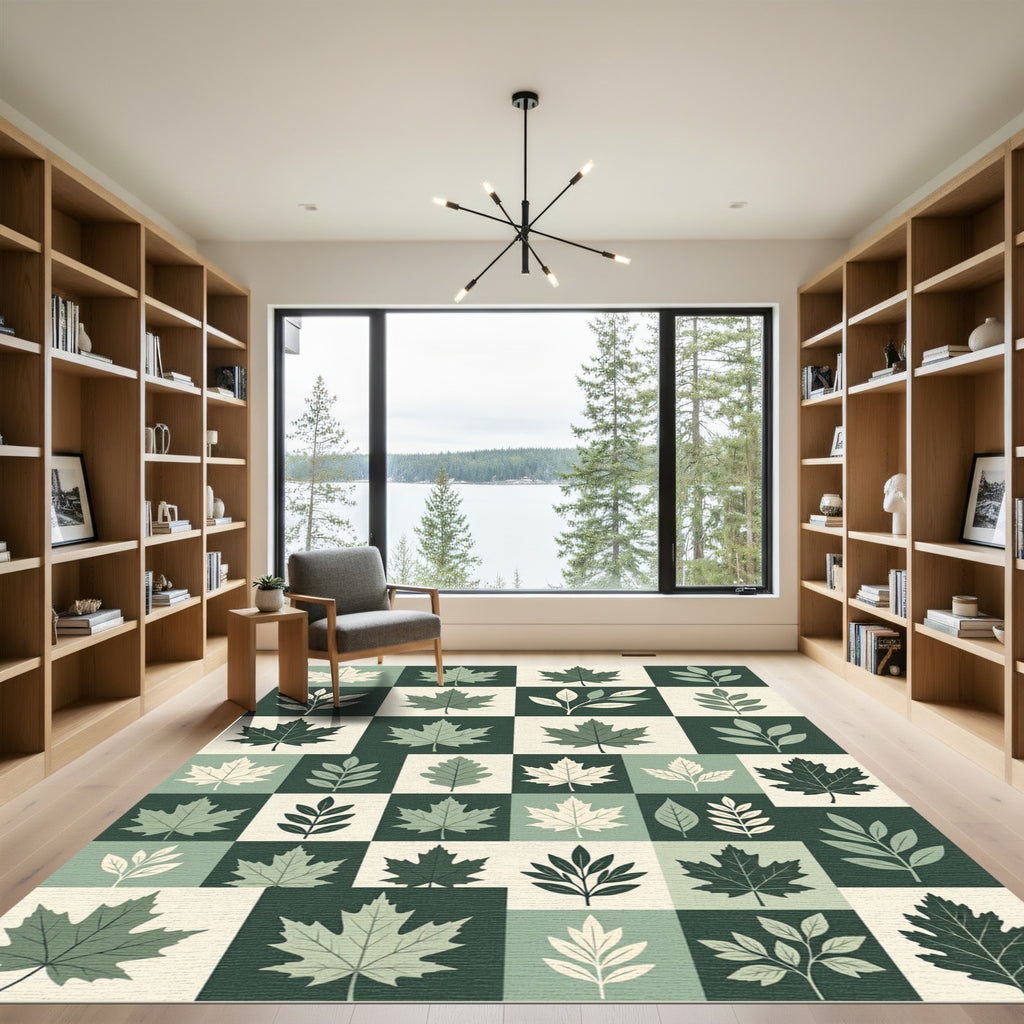 Sage Green Botanical Leaf Grid Rug