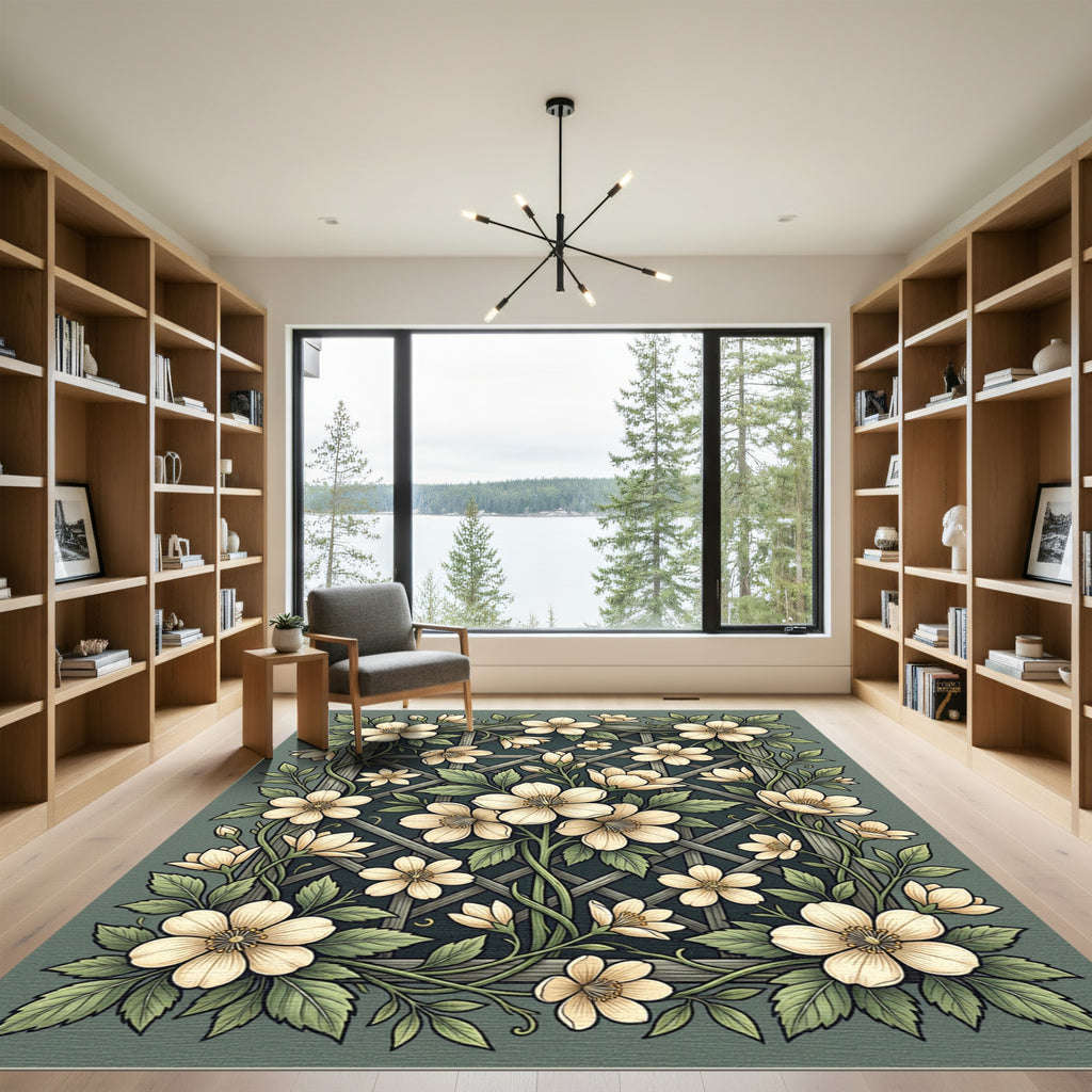Sage Green Cream Floral Trellis Rug