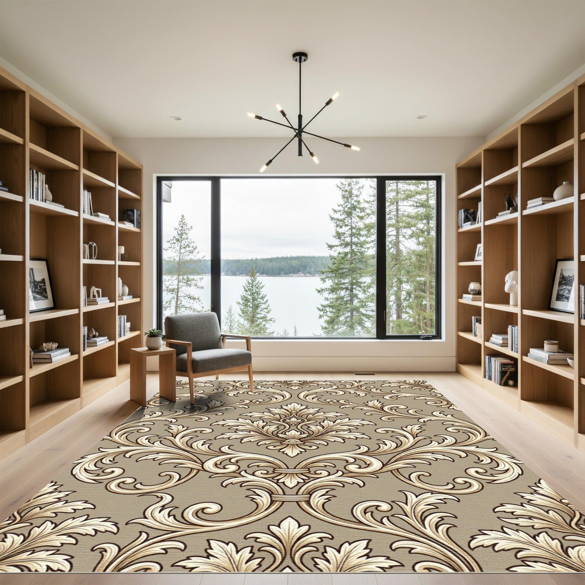 Elegant Taupe Damask Scroll Floral Rug