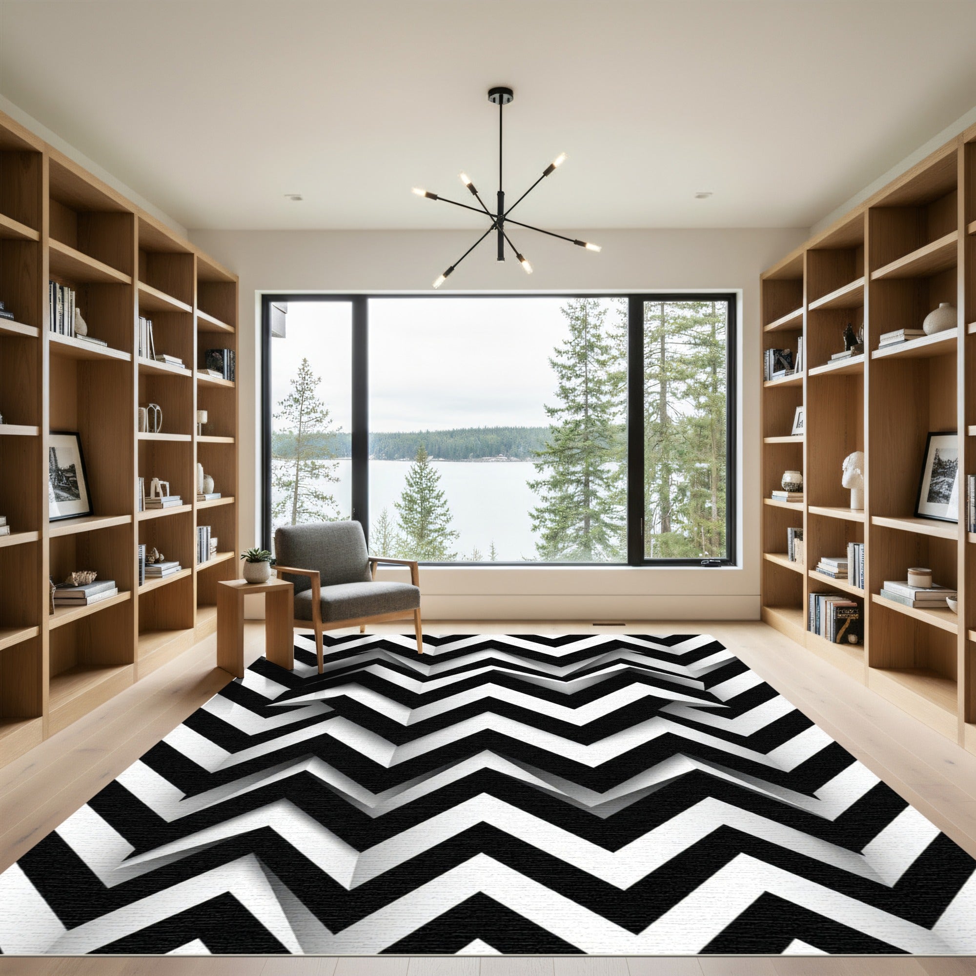 Monochrome Zigzag Geometric Optical Illusion Rug