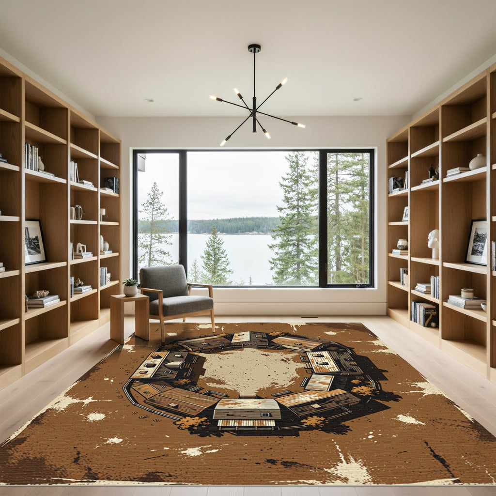 Rustic Farmhouse Village Circle Arrangement Rug