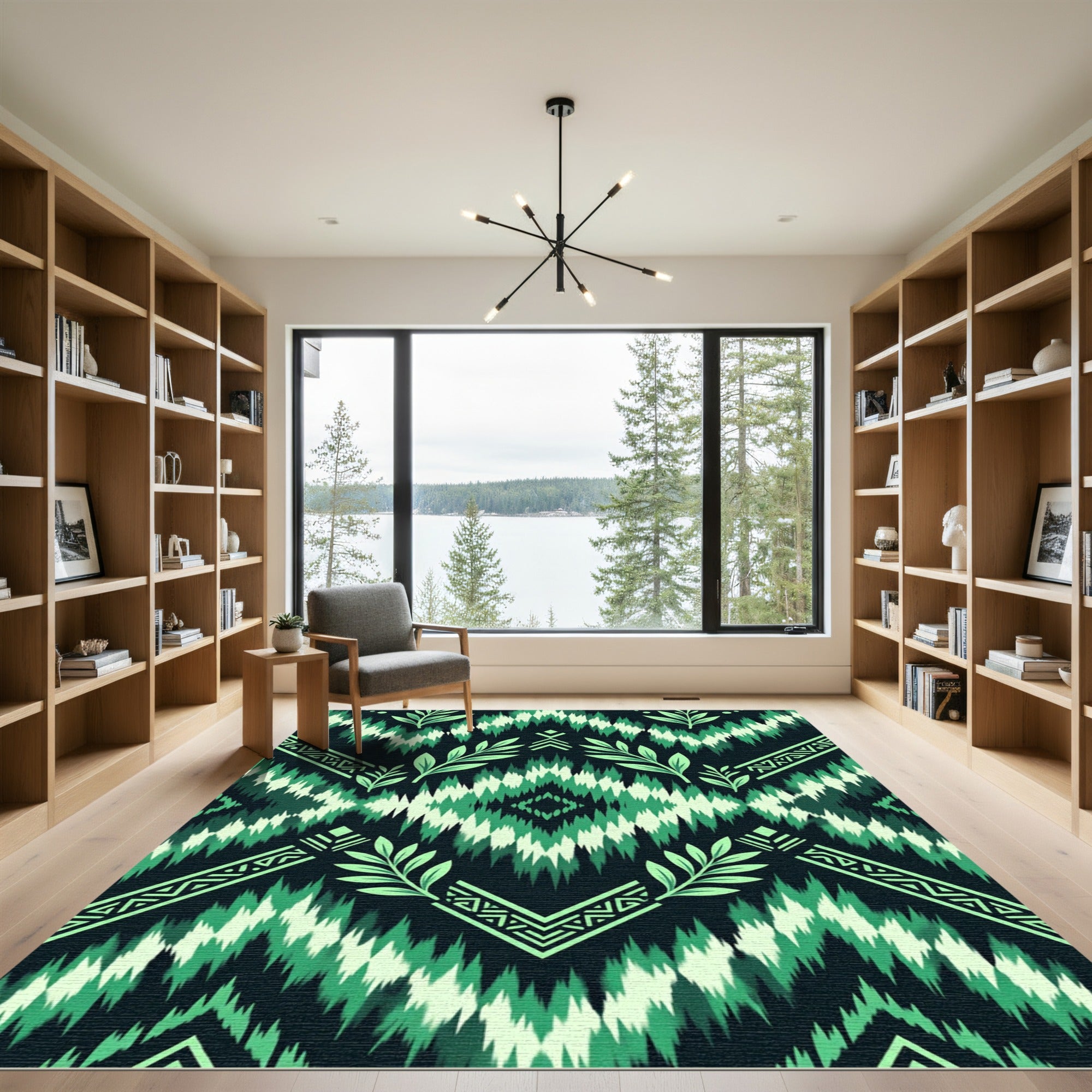 Forest Green Tribal Leaf Diamond Rug