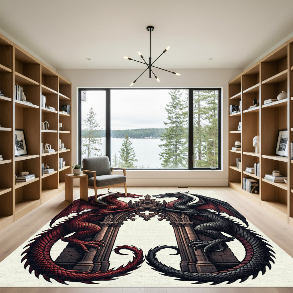 Gothic Dual Dragon Crimson Obsidian Arch Rug