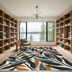 Modern Navy and Ochre Leaf Art Rug