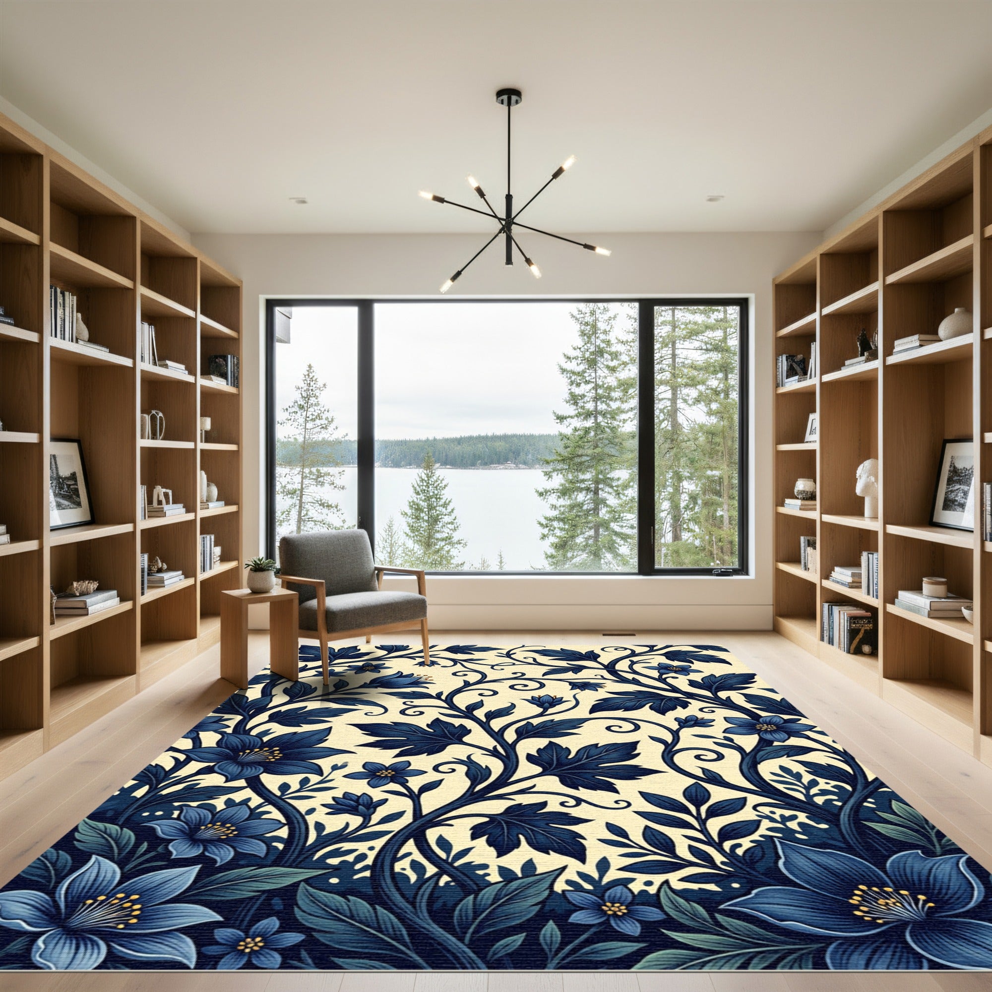 Midnight Blue Floral Vine Scroll Rug