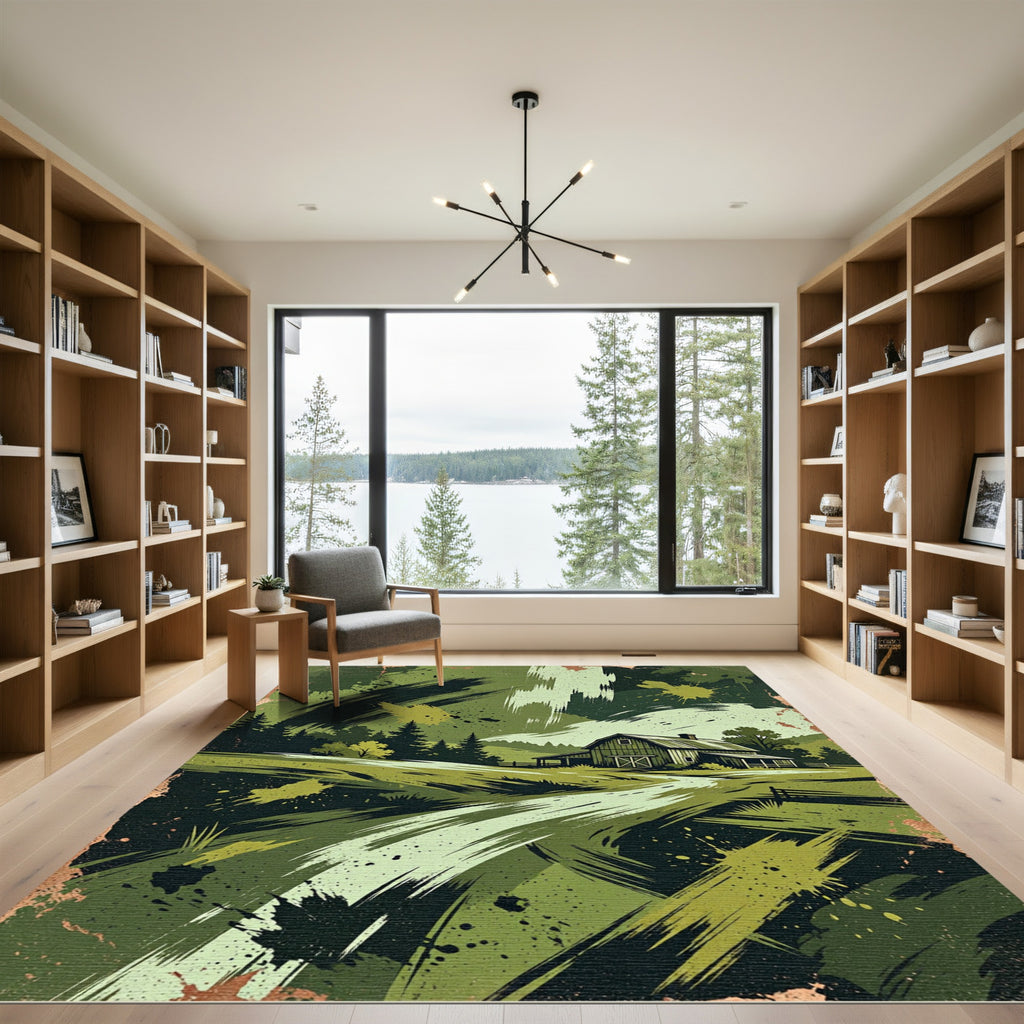 Abstract Green Rustic Farmhouse Meadow Rug