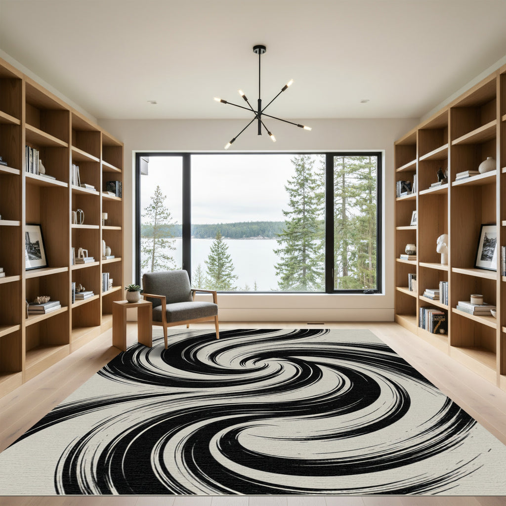 Minimalist Monochrome Abstract Swirling Vortex Rug