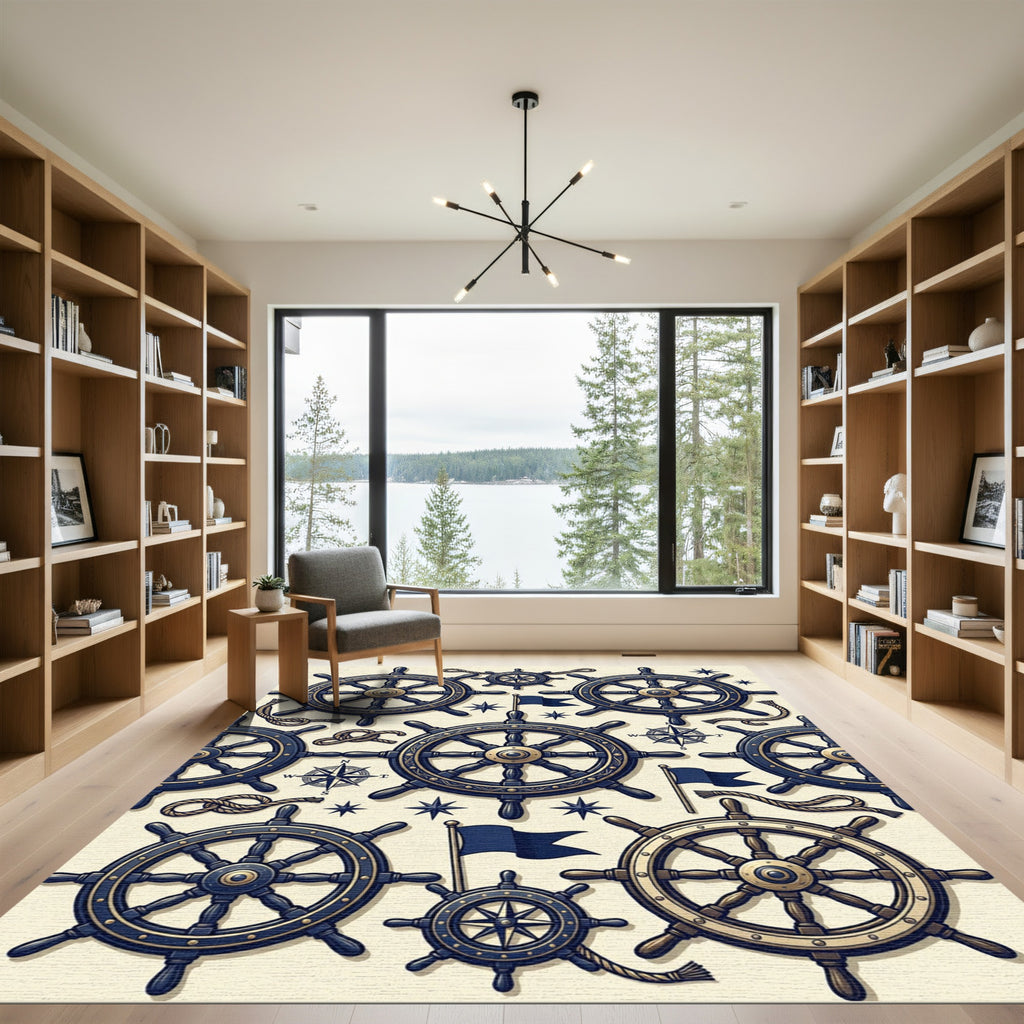 Nautical Navy Gold Compass Ship Wheel Rug