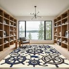 Nautical Navy Gold Compass Ship Wheel Rug