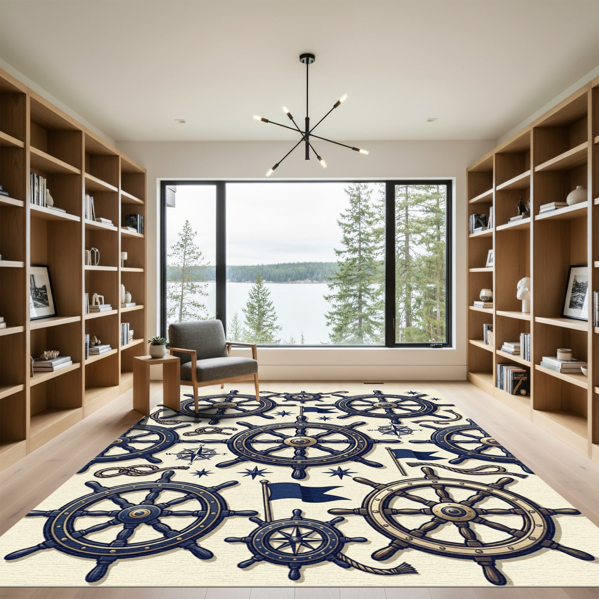Nautical Navy Gold Compass Ship Wheel Rug