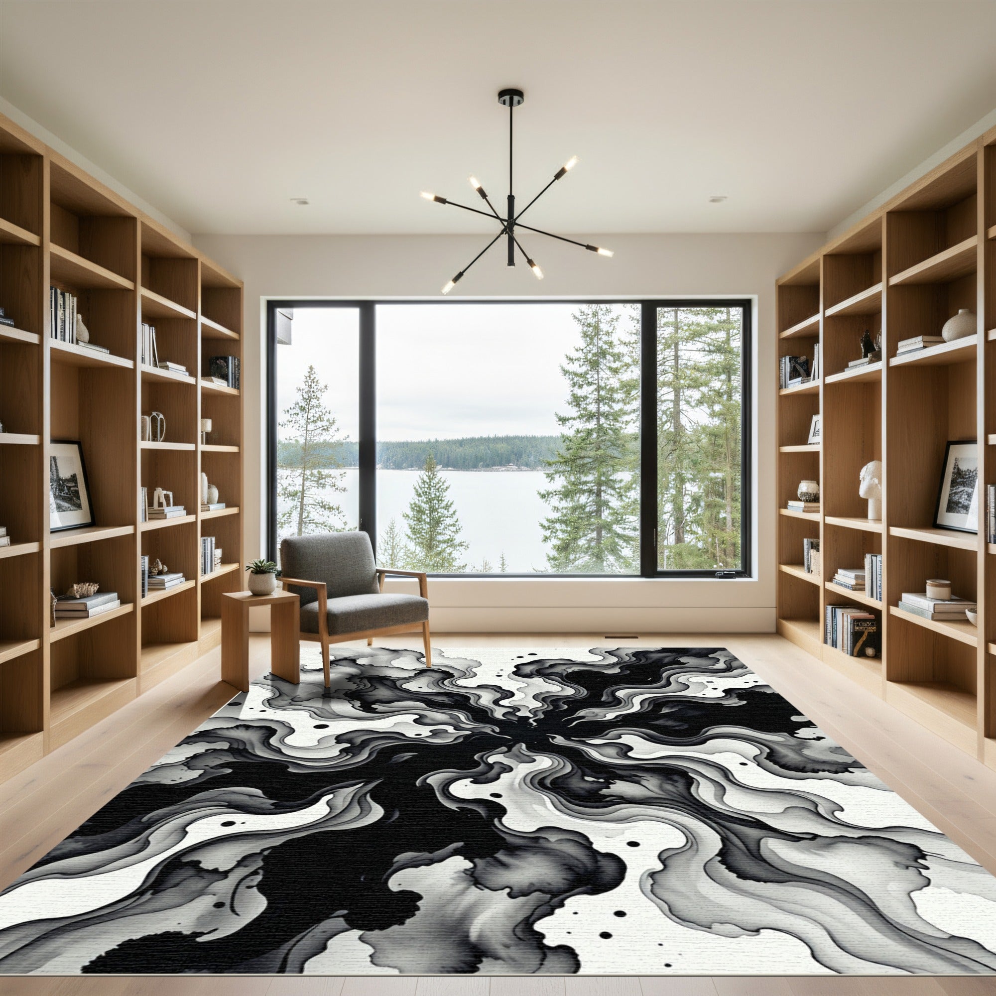 Monochrome Abstract Ink Flow Swirl Rug
