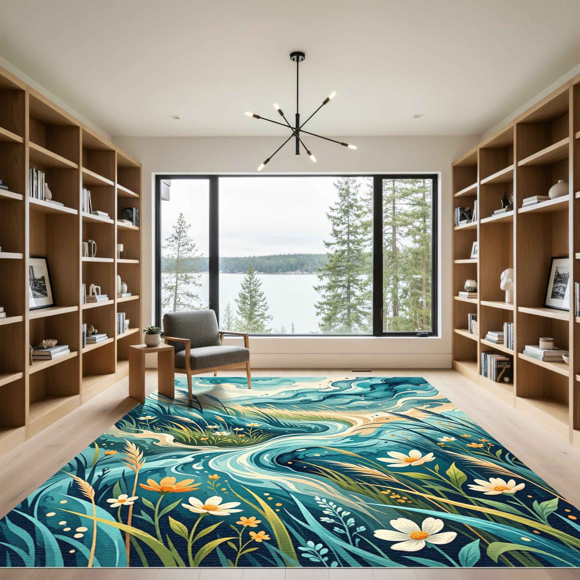Turquoise Flowing Stream With Reeds Rug
