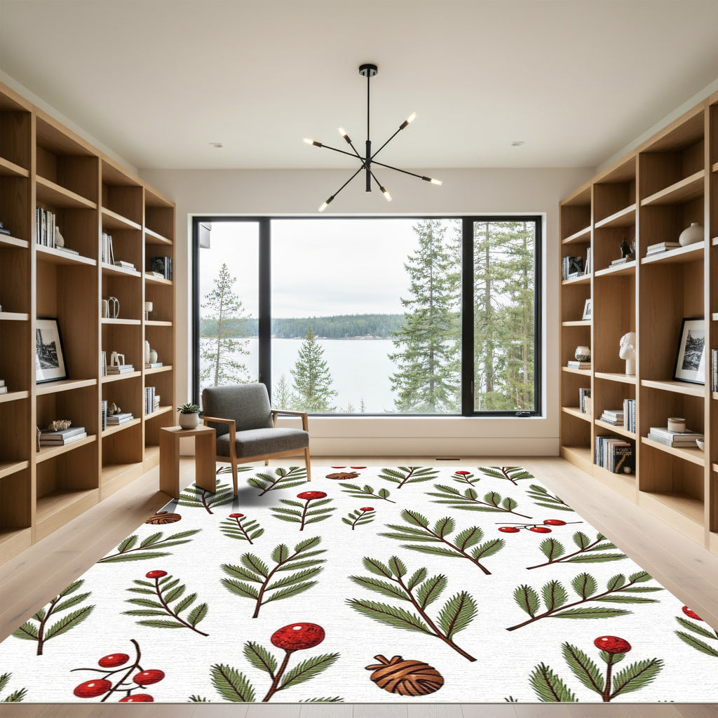 Green Pine Sprigs Red Berries Cones Rug