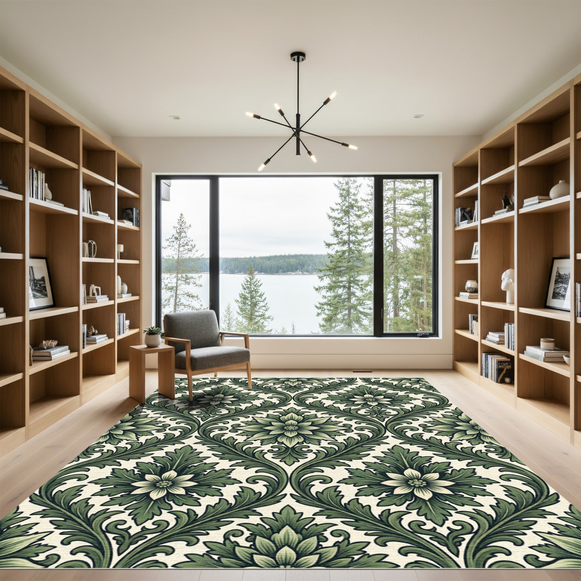 Elegant Sage Green Damask Floral Scroll Rug