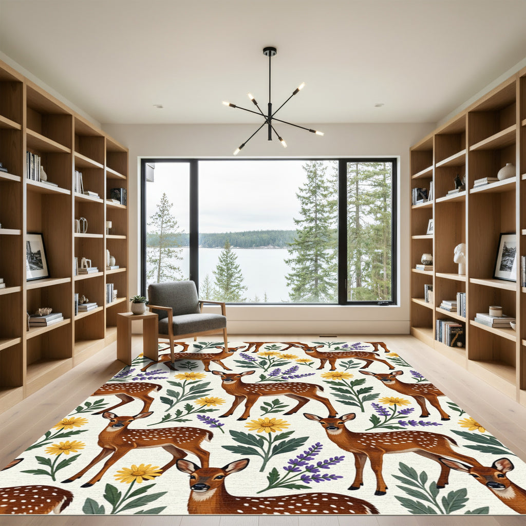Charming Fawn Woodland Floral Meadow Rug