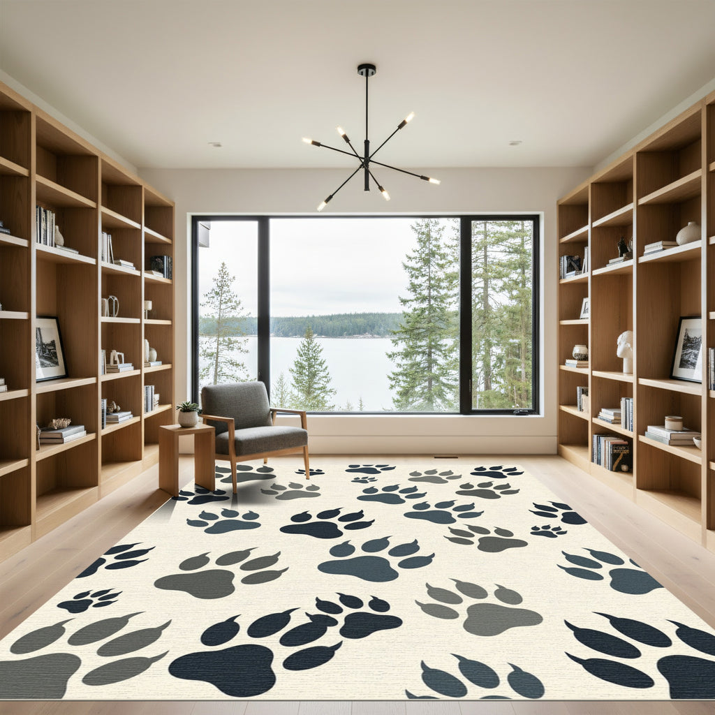 Playful Monochrome Animal Paw Track Rug