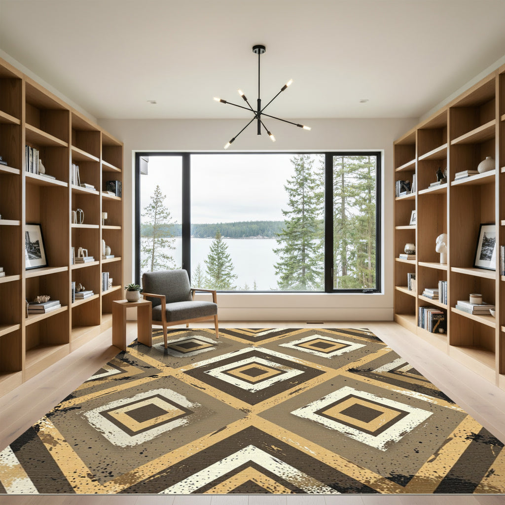 Distressed Earthy Brown Geometric Diamond Rug