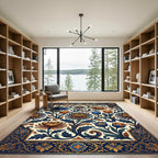 Midnight Blue Golden Floral Tapestry Rug