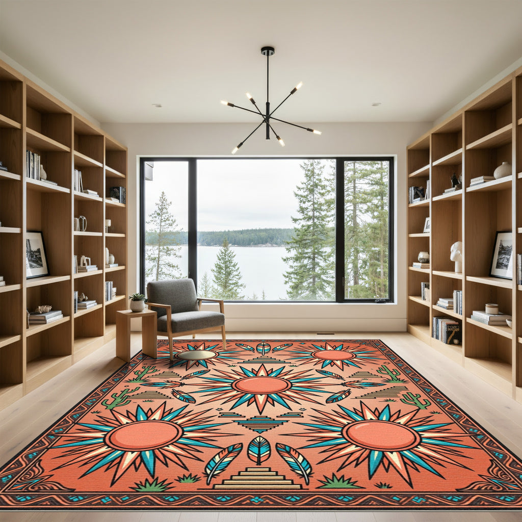 Coral Sunburst Feather Pyramid Composition Rug