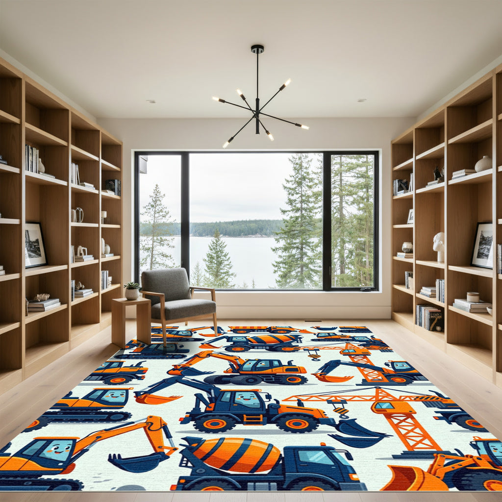 Playful Orange Cartoon Construction Vehicle Art Rug