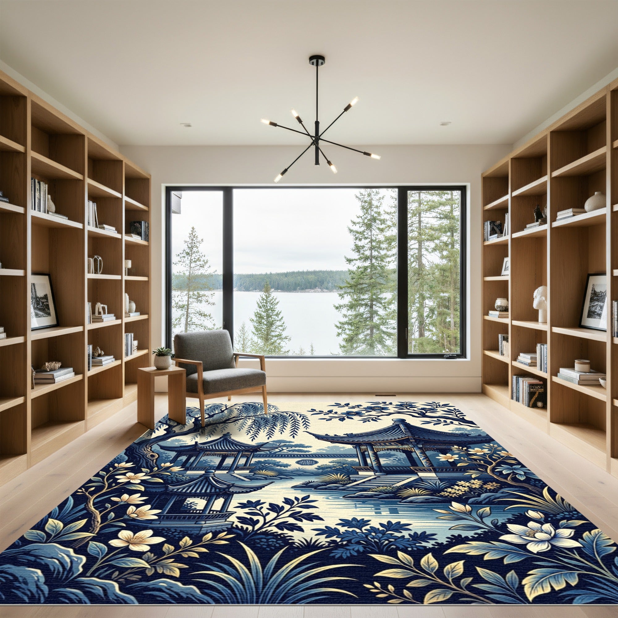 Indigo Willow Pagoda Chinoiserie Garden Rug