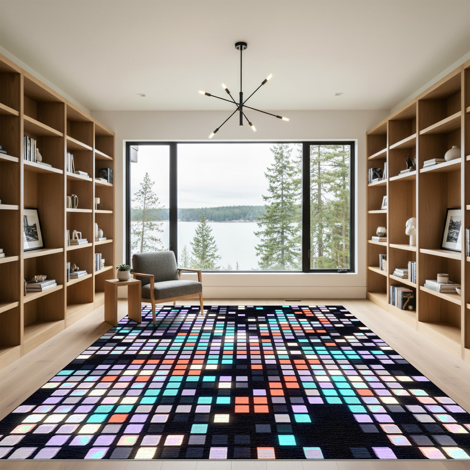 Glowing Neon Pixel Mosaic Abstract Grid Rug