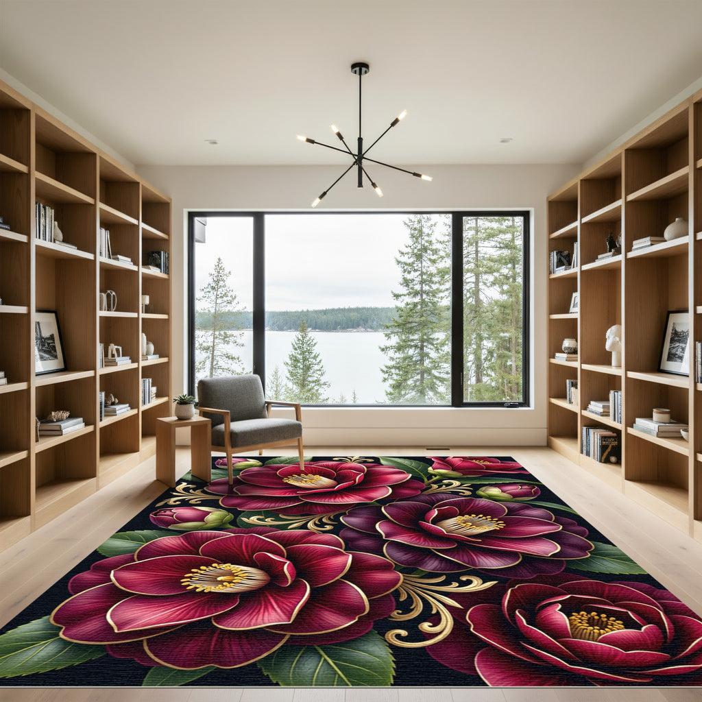 Rich Crimson Bloom Golden Swirl Rug