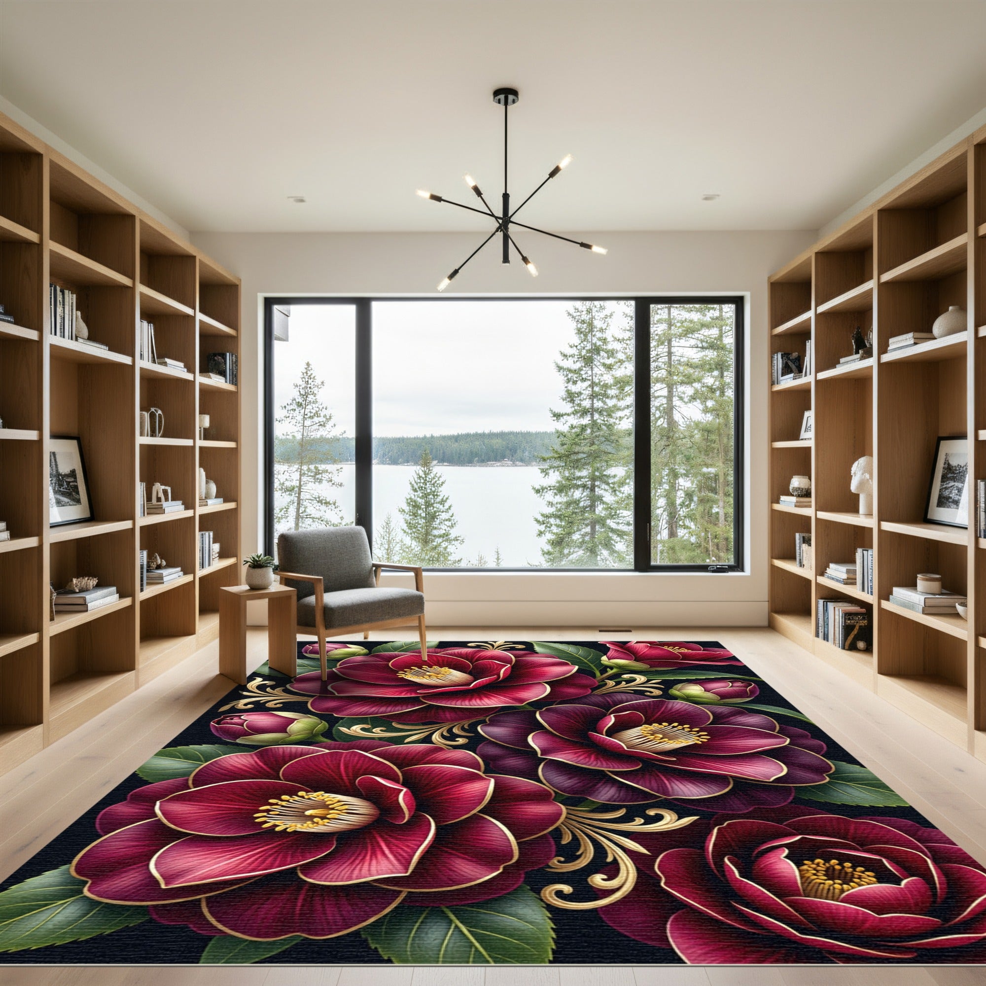 Rich Crimson Bloom Golden Swirl Rug