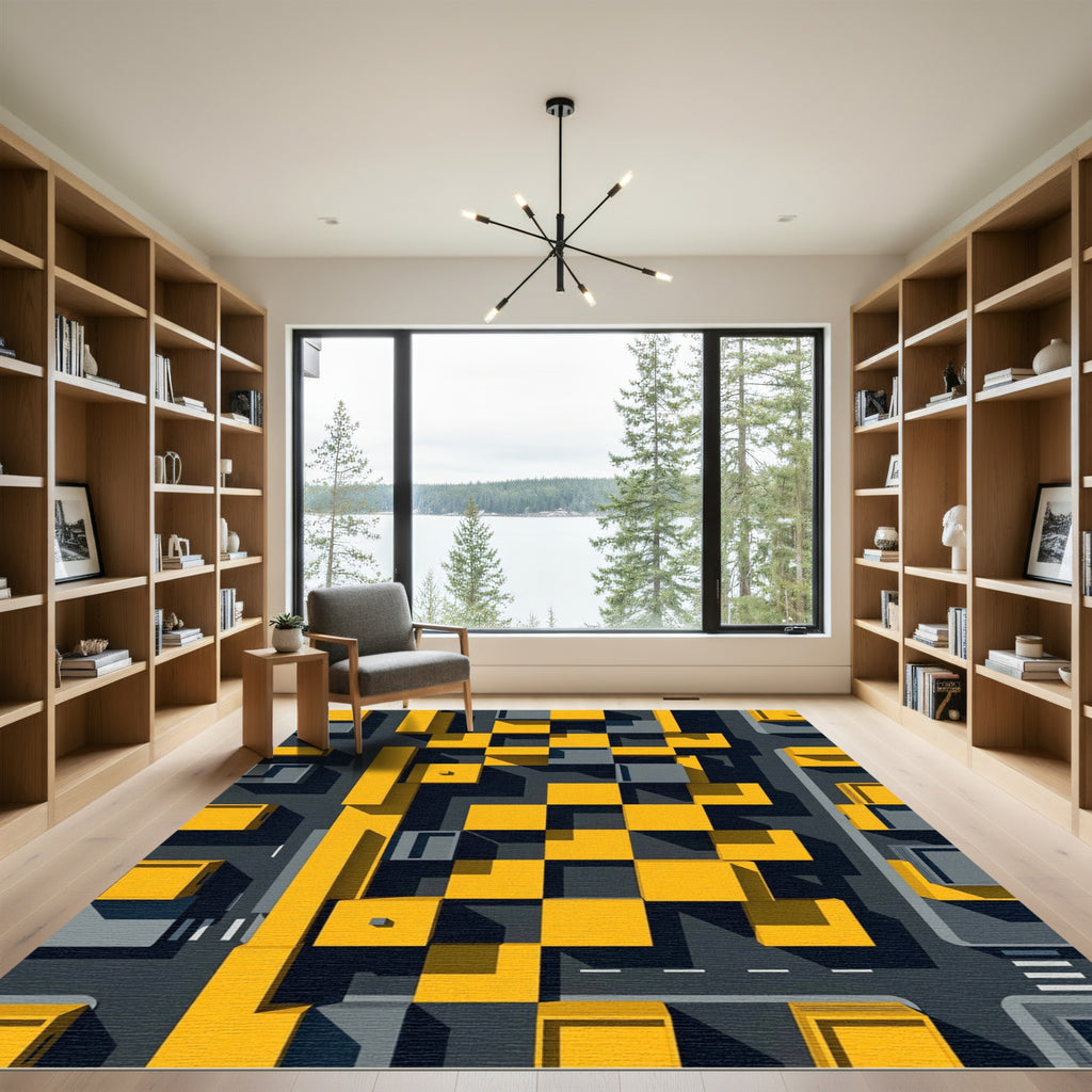 Abstract Yellow Gray 3D Cube Squares Rug