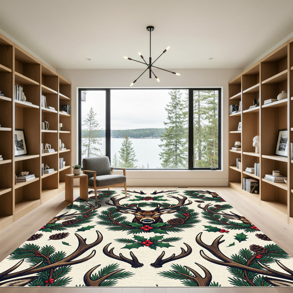 Festive Woodland Deer and Holly Holiday Rug