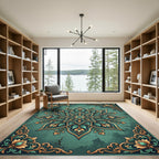 Elegant Teal Golden Floral Medallion Rug