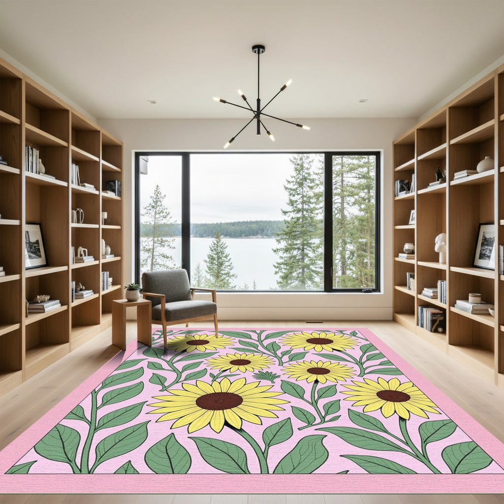 Yellow Sunflower Floral Pink Background Rug