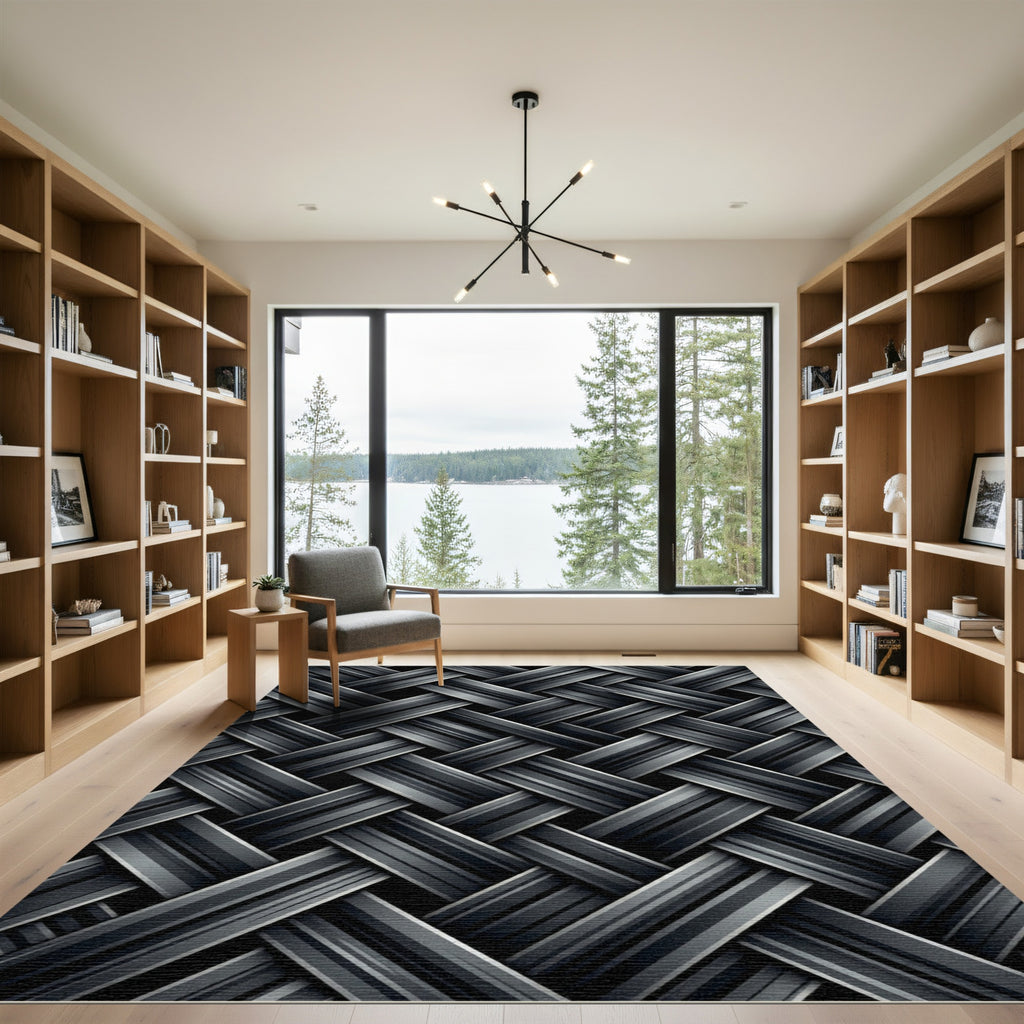 Dark Gray Woven Stripe Texture Rug