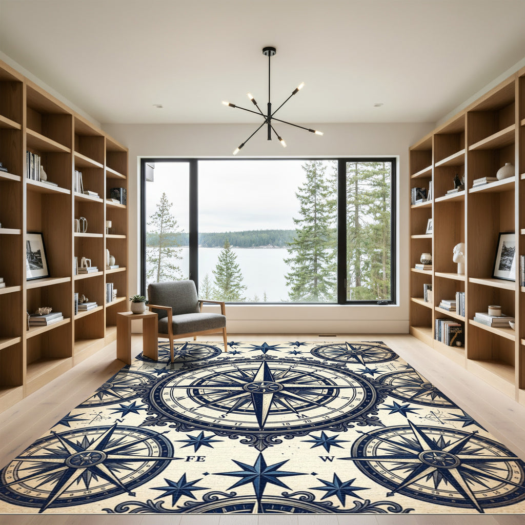 Nautical Mariner Compass Navy Anchor Decor Rug